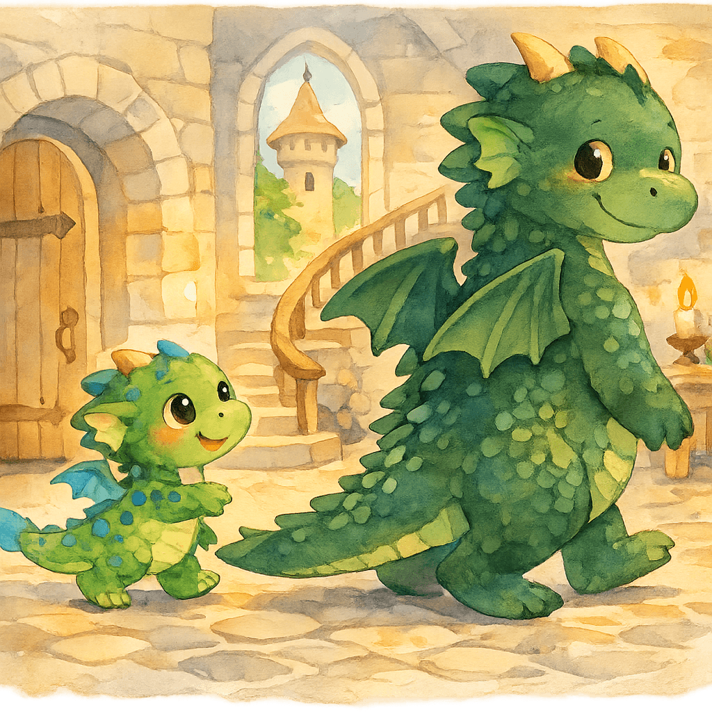 Дракончик Гоша ходит за папой-драконом по замку