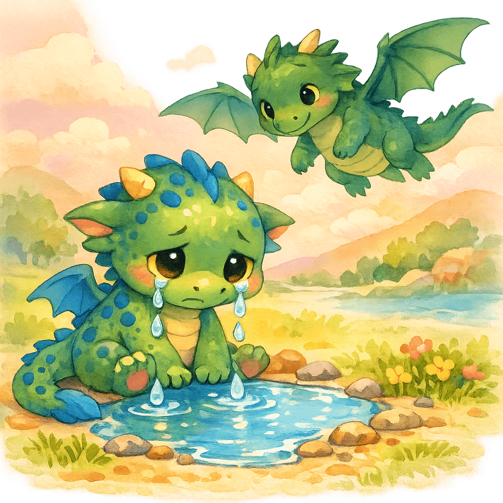 Большой дракончик Гоша плачет, рядом маленькое озеро и папа-дракон