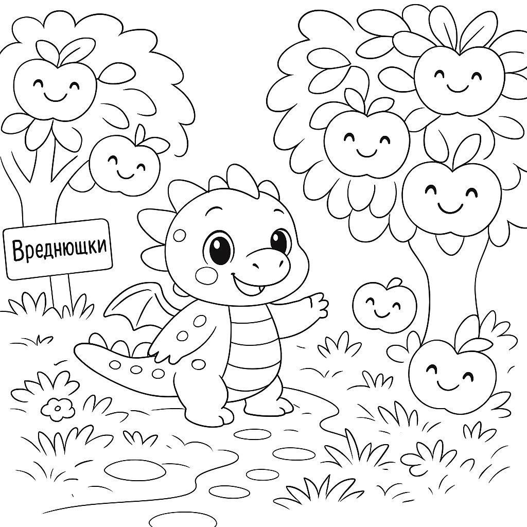 Раскраска по сказке "Дракончик гоша, ягоды вырастайка и речка канючка"