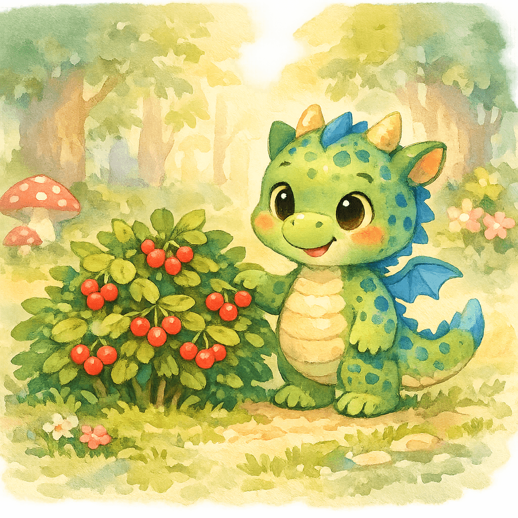 Гоша ест ягоду Послушайку у простого куста в лесу