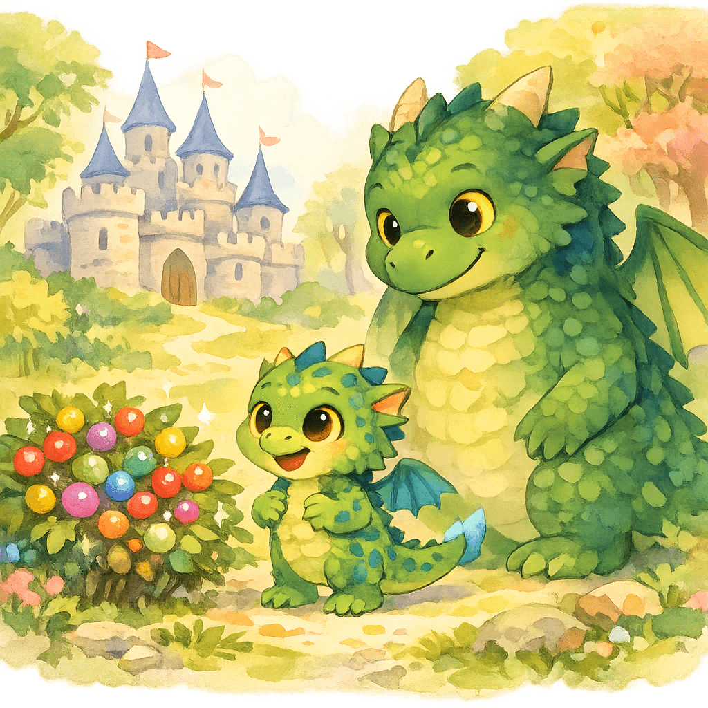 Дракончик Гоша с папой у куста волшебных ягод и замка