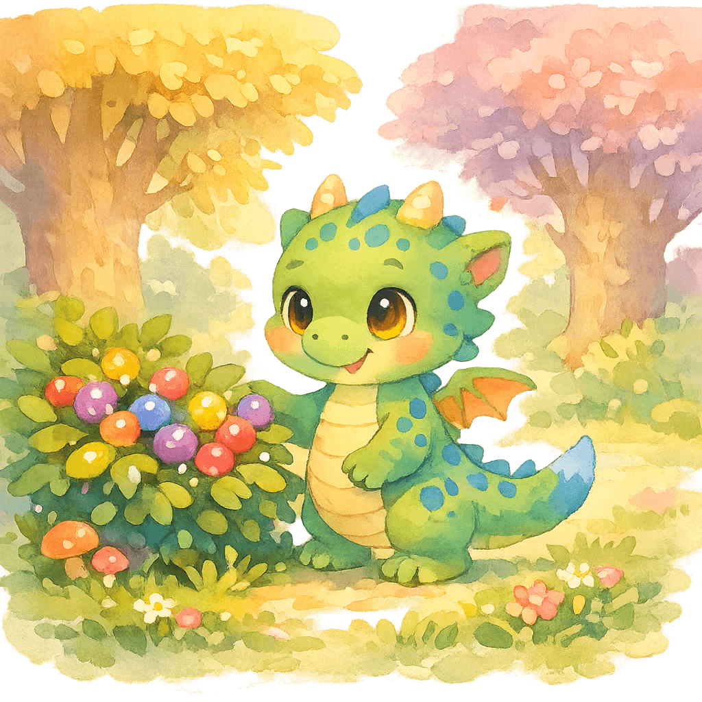 Дракончик Гоша у волшебного куста с ягодами в лесу