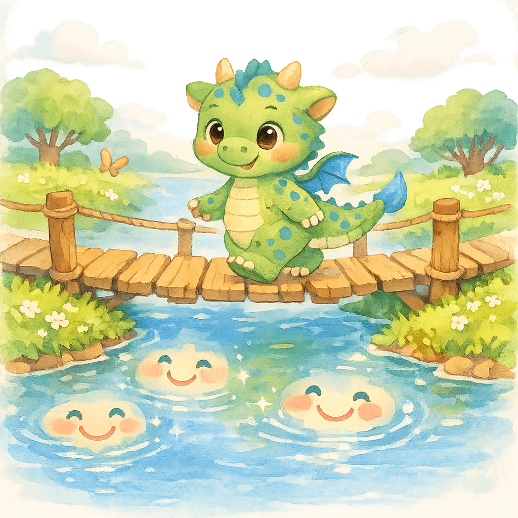 Дракончик Гоша идет через мостик над речкой Канючкой