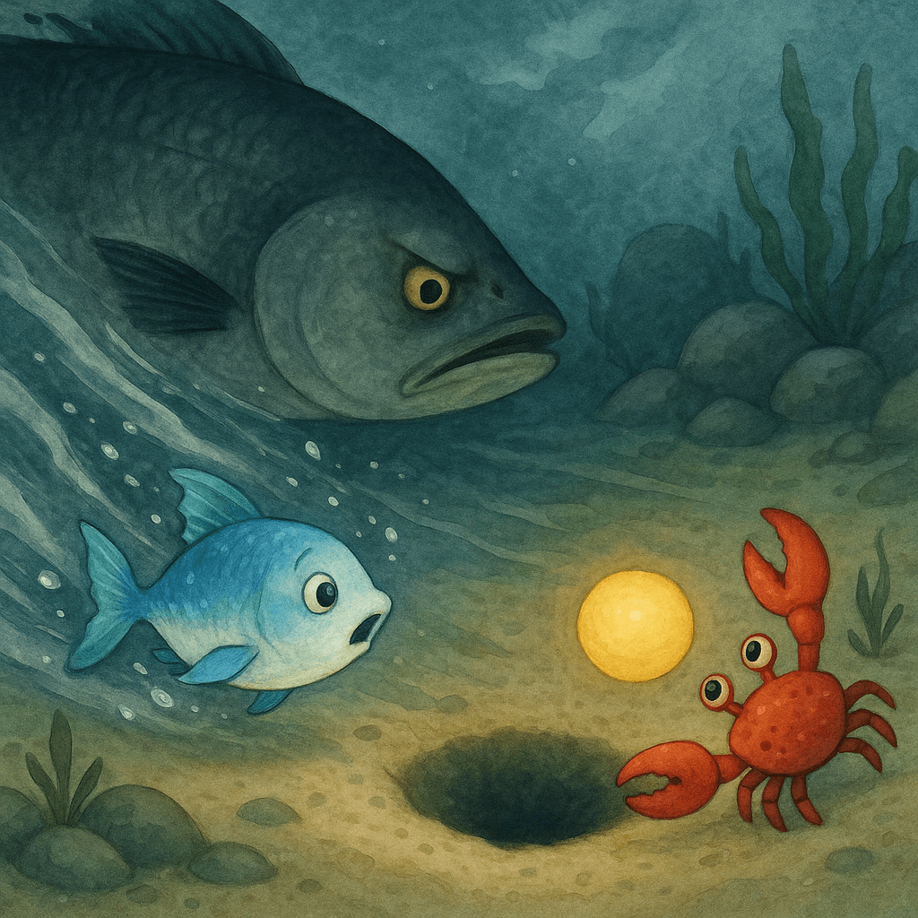 Огромная рыба поднимает волну, и звёздочка катится к чёрной яме