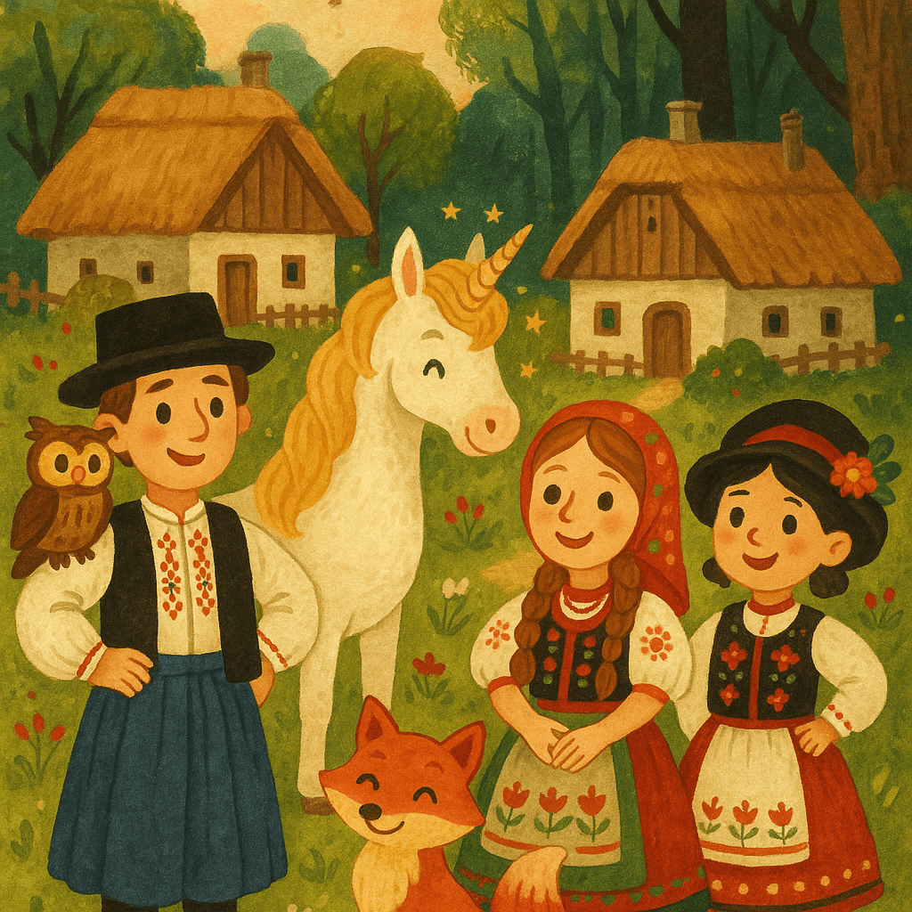 Древняя венгерская деревня, герои в народных венгерских костюмах, волшебные животные и таинственный лес. Детский иллюстрационный стиль, радостная атмосфера.