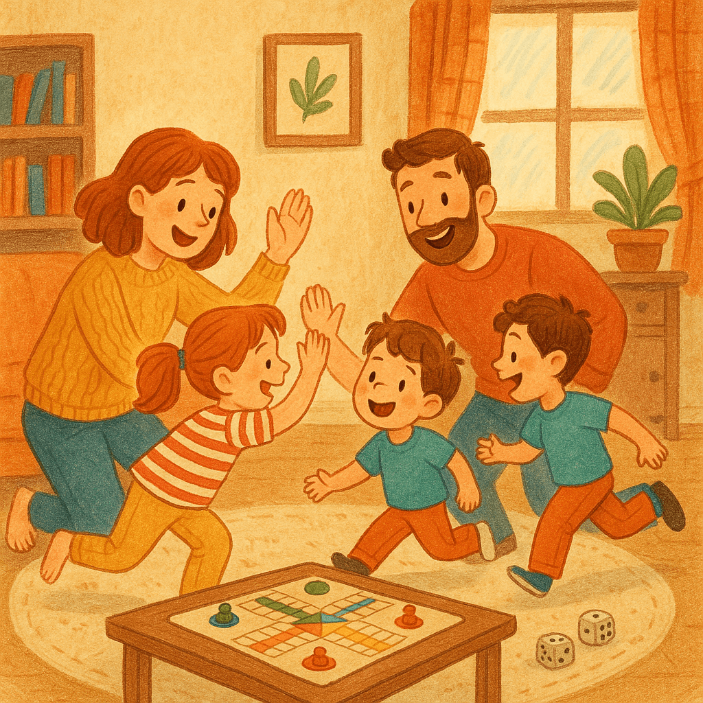 Дружная семья из детей и родителей весело играет в настольные и подвижные игры в уютной гостиной, домашний детский стиль иллюстрации.