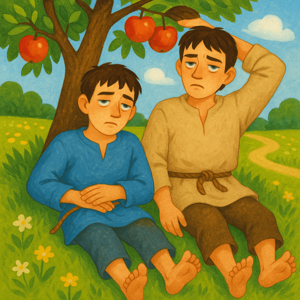 Два брата лежат под яблоней на лугу