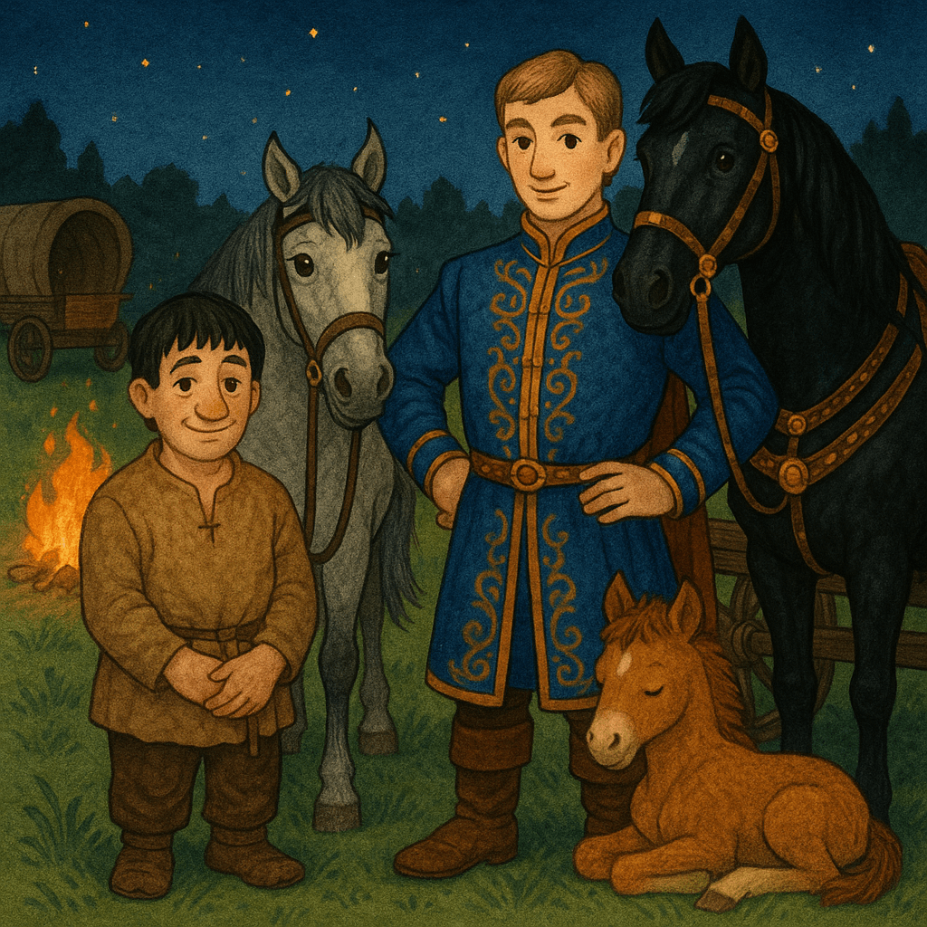 Два брата у лошадей на ночлеге, между их телегами жеребенок.