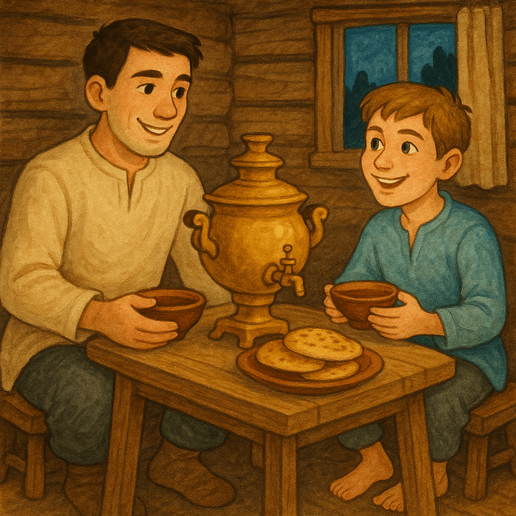 Братья ужинают лепёшками с чаем в доме