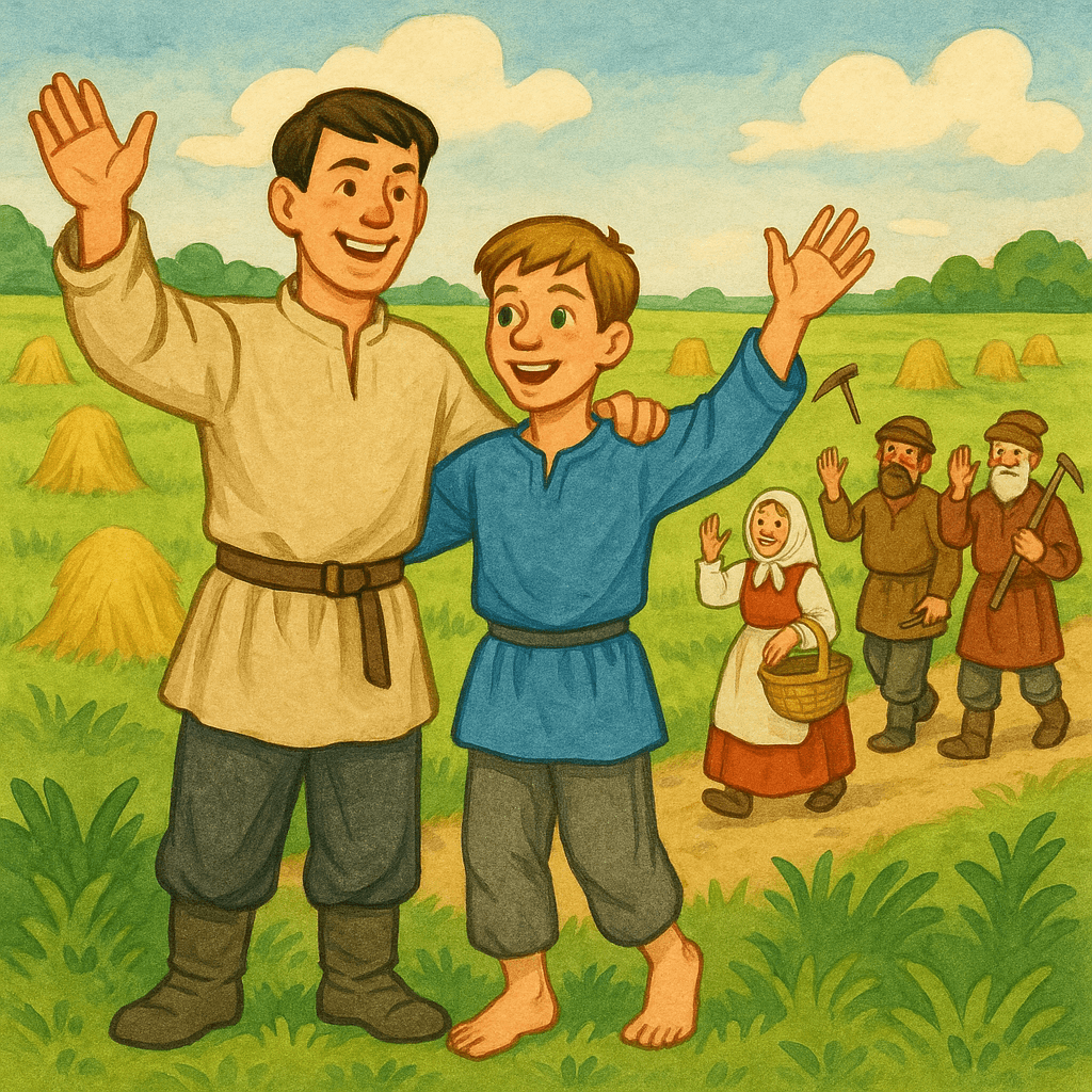 Братья здороваются с людьми в поле
