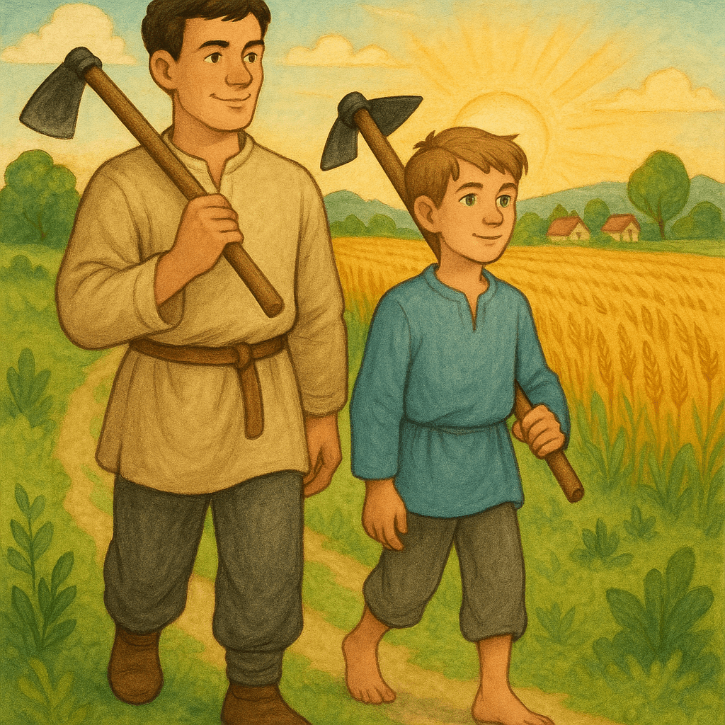 Братья идут работать в поле на рассвете