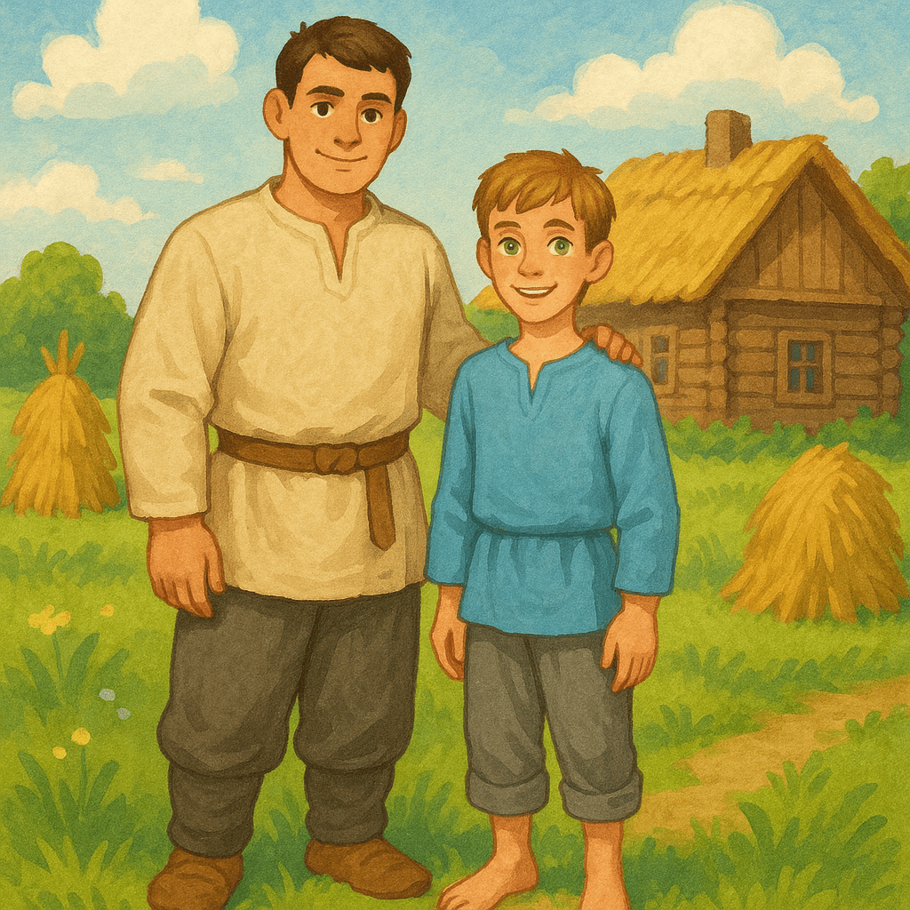 Два брата в поле на фоне деревенского дома