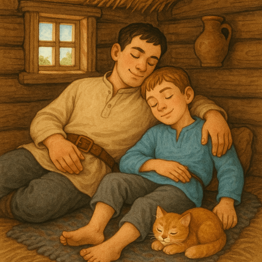 Братья сладко спят в деревенском доме на полу