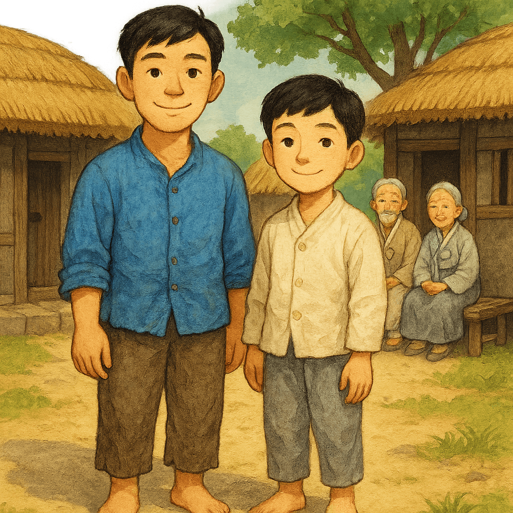 Старший брат Чан Мо, младший брат Чан Су и их родители возле корейских домиков.