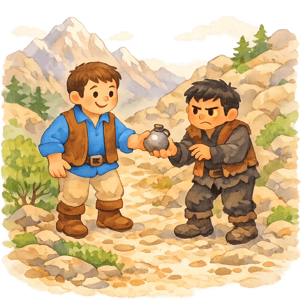 Щедрый и Скупой идут по горной тропе, один протягивает другому воду