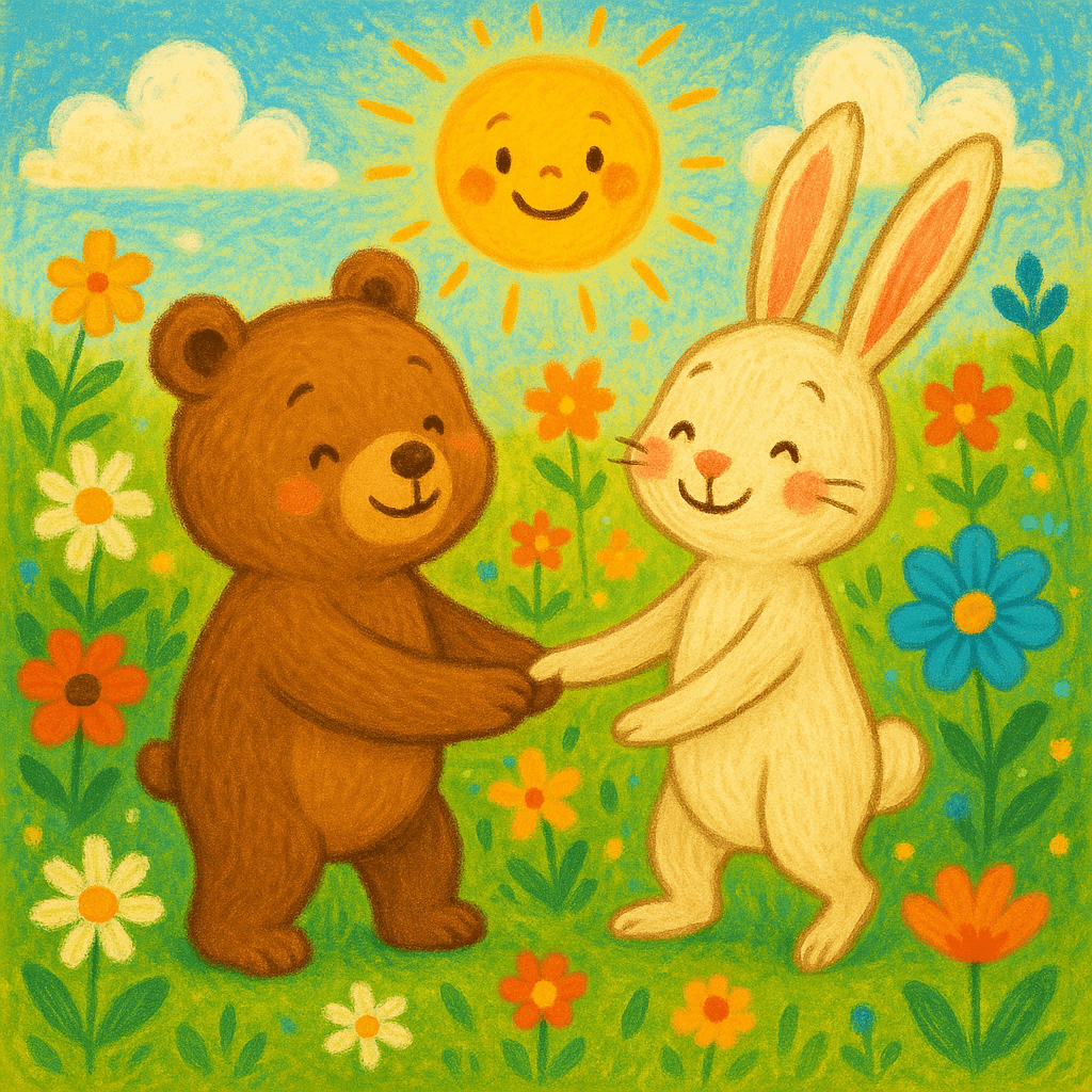 Два добрых зверька держатся за лапки на поляне, символ дружбы и радости.