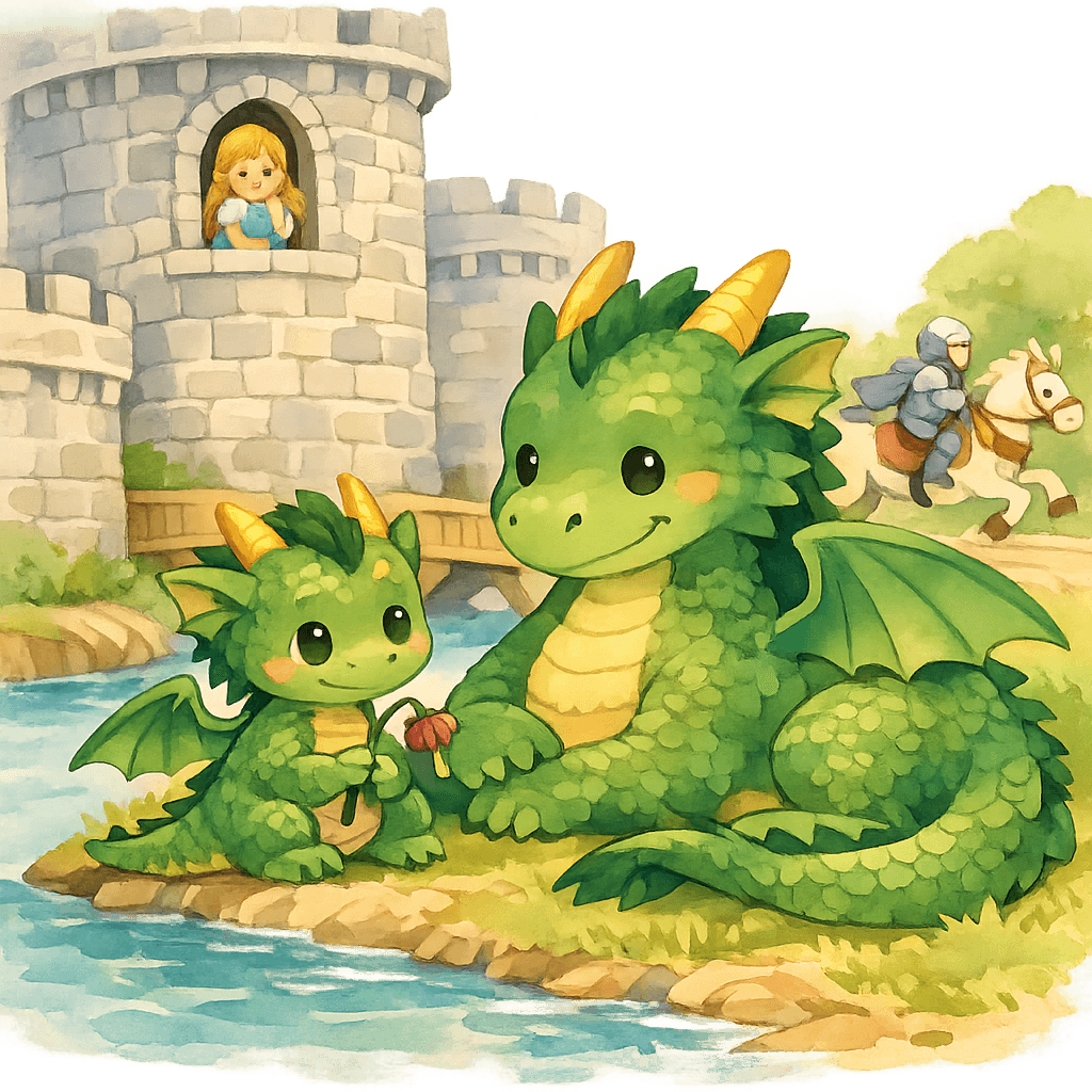 Два дракона упали в ров у замка, рядом замок, принцесса и рыцарь на коне.