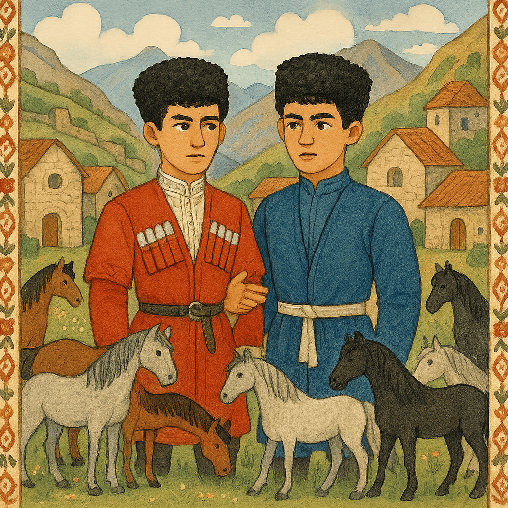 Два джигита спорят на фоне аула и табуна лошадей