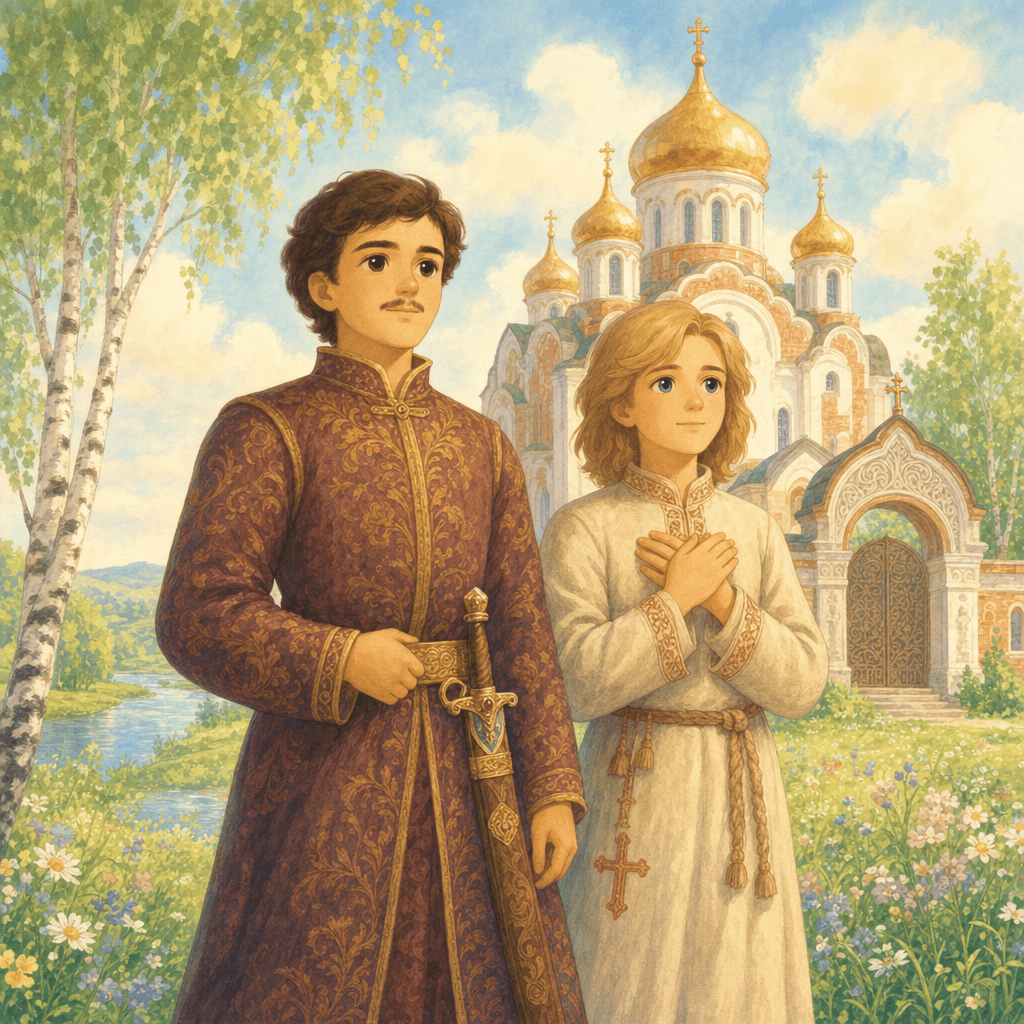 Святые князья Борис и Глеб перед церковью на фоне русских просторов