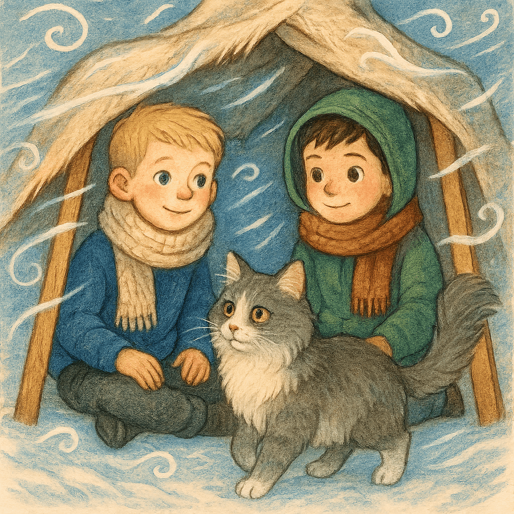 Два мальчика в палатке, к ним подходит серая пушистая кошка