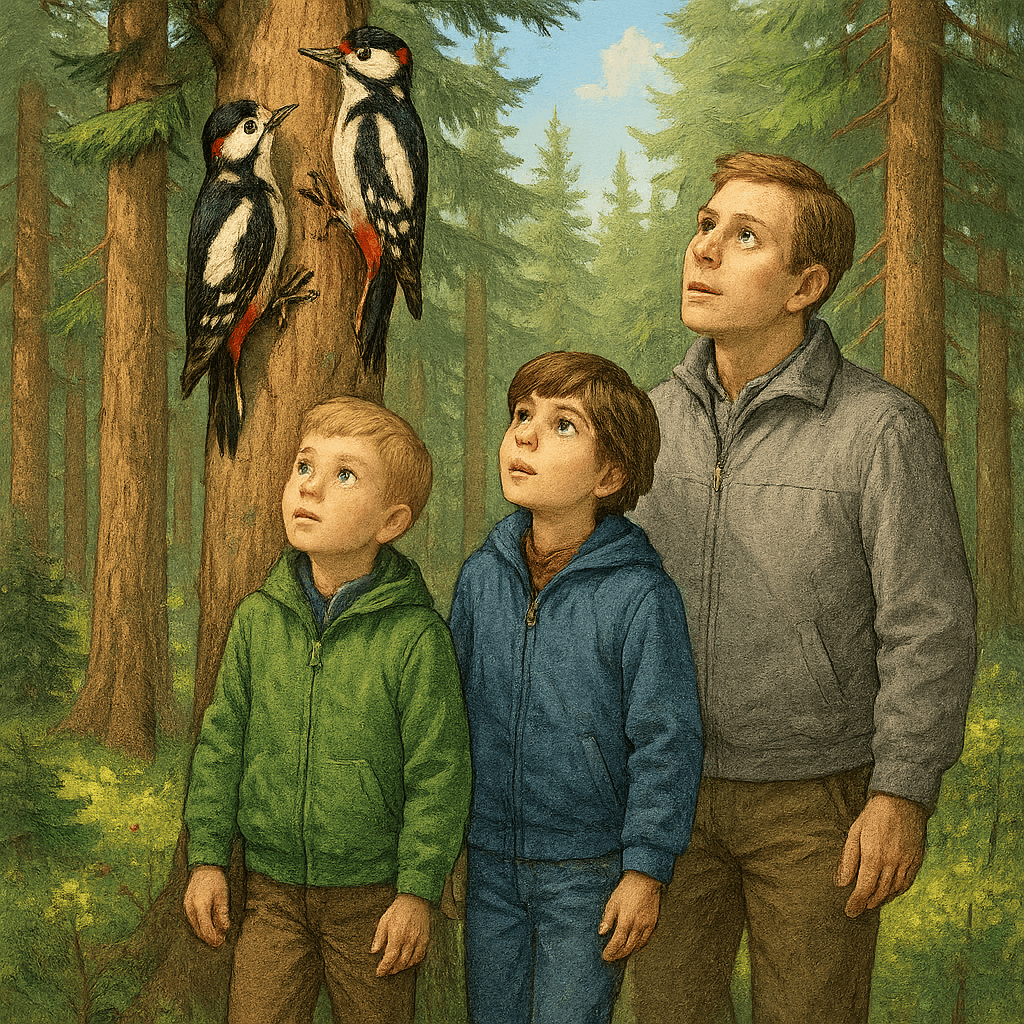 Ребята с взрослым наблюдают дятлов на дереве в весеннем лесу