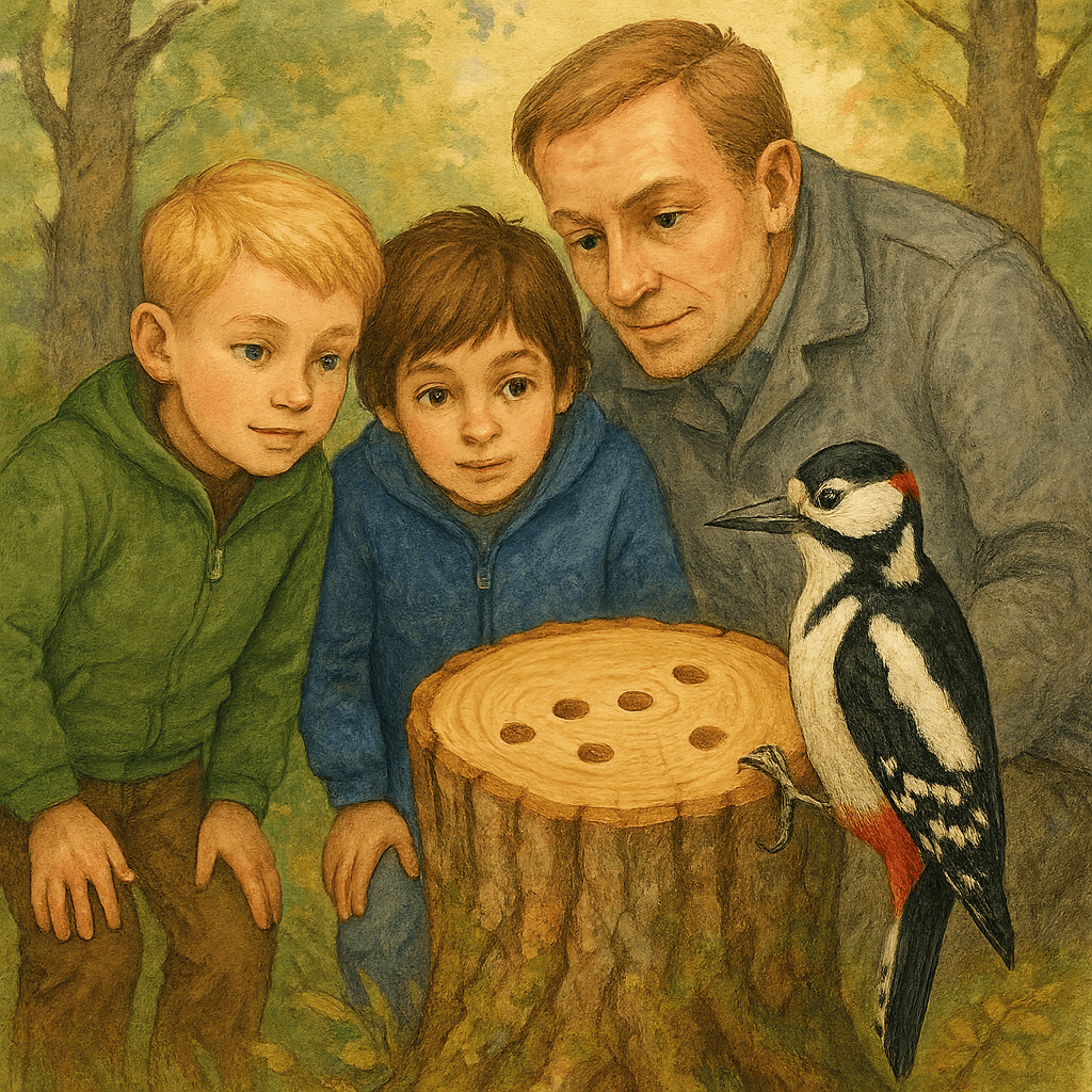 Ребята и взрослый рассматривают дерево с дырочками — работу дятла