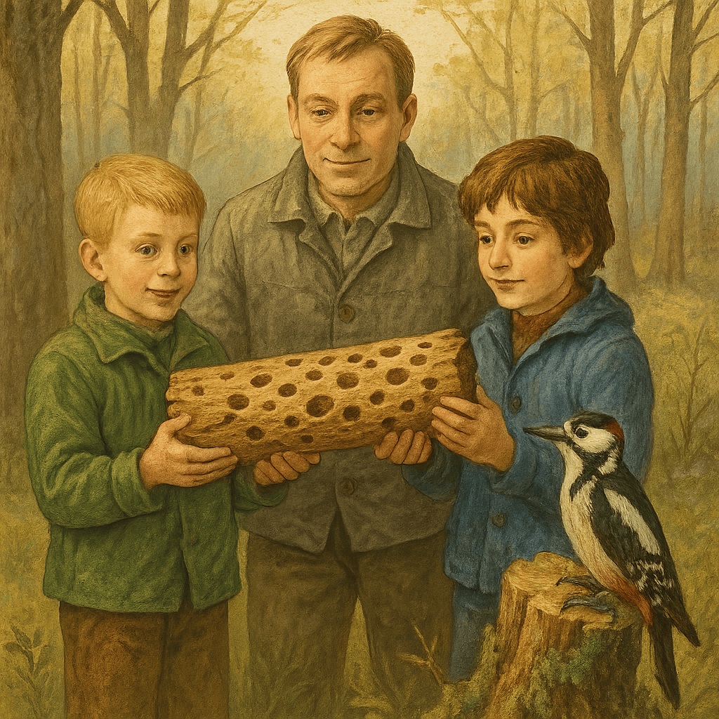 Дети и взрослый держат кусок дерева, на пне сидит дятел