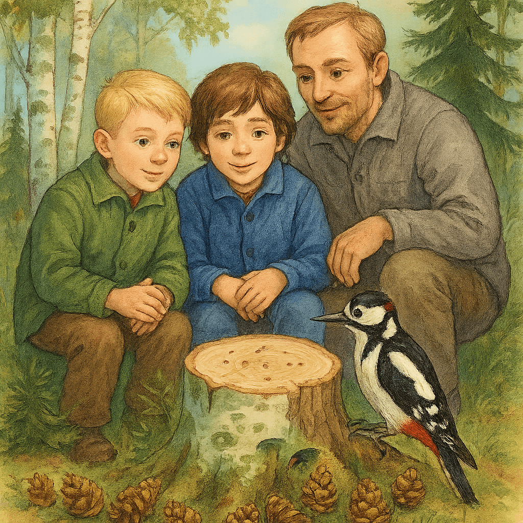 Два мальчика сидят возле пня, рядом шишки и дятел в лесу