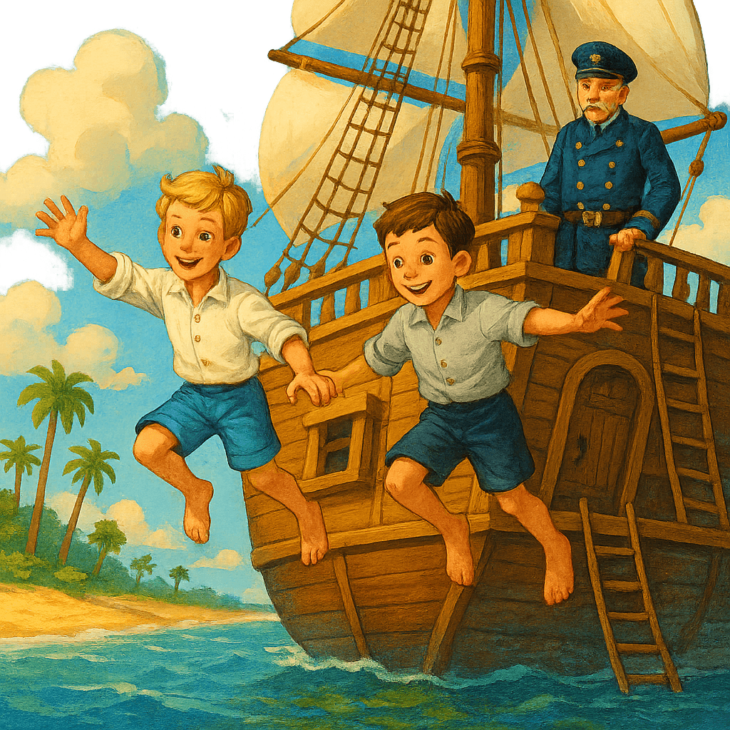 Два мальчика прыгают с борта корабля, артиллерист наблюдает за ними. Вдали — песчаный африканский берег и пальмы.