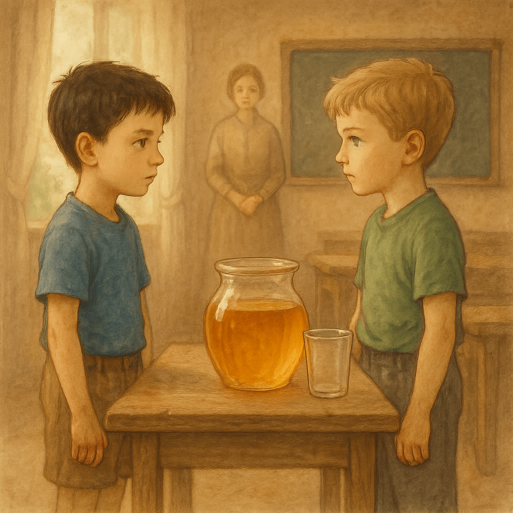 Два мальчика стоят друг напротив друга перед столом с кувшином мёда и стаканом, решая как поделить подарок. Учитель наблюдает издалека.