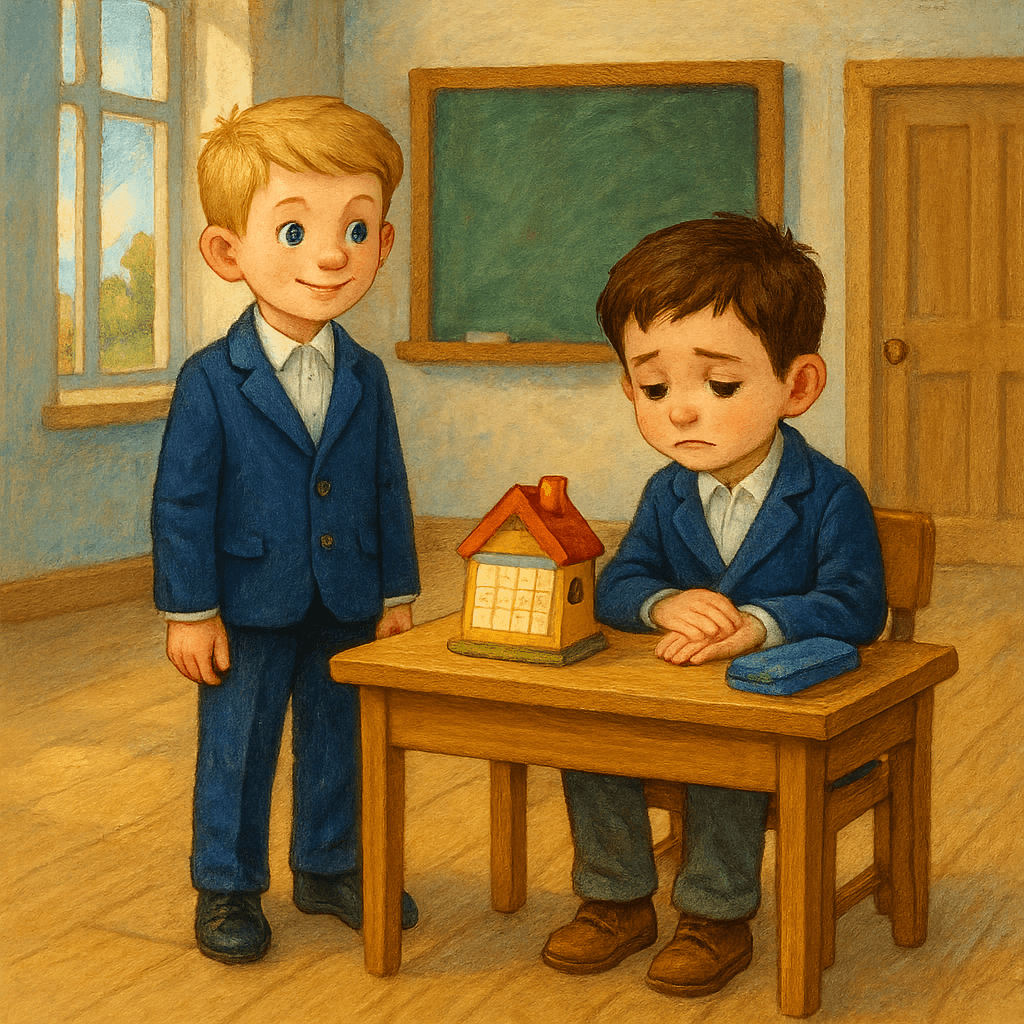 Один мальчик стоит у парты с промокашкой, второй мальчик грустит, сидя за партой.