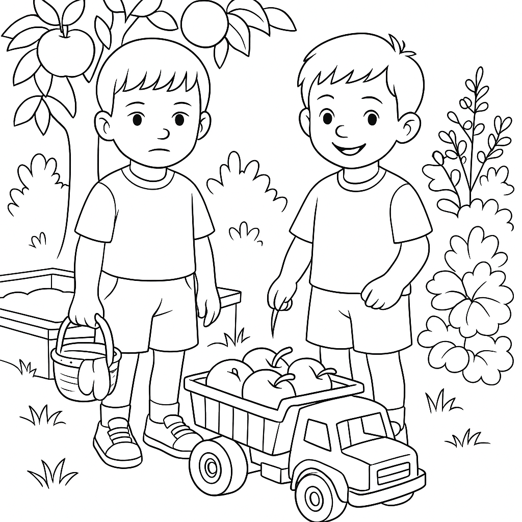 Раскраска по сказке "Красный грузовик и яблочное приключение"