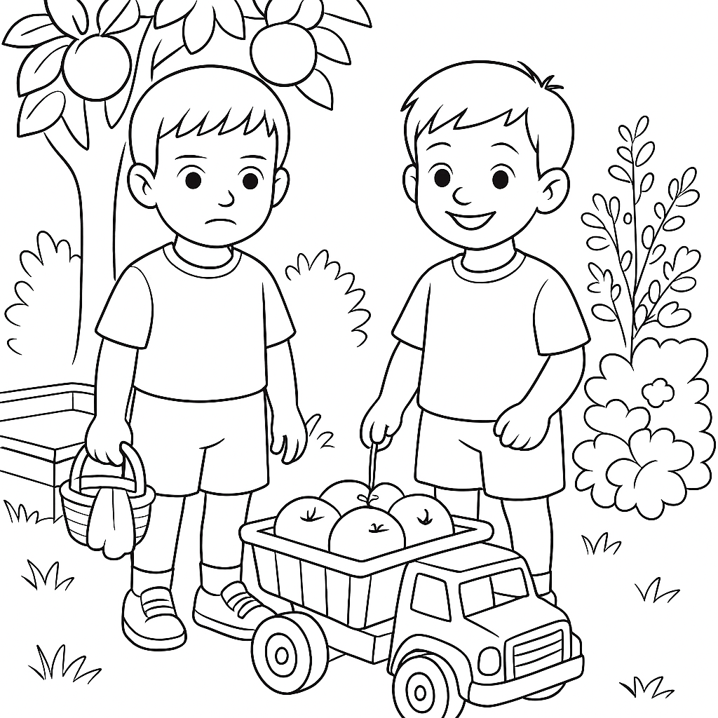 Раскраска по сказке "Красный грузовик и яблочное приключение"