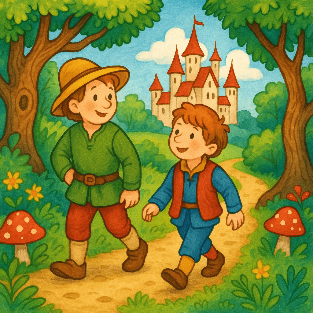 Два немецких брата в старинных одеждах идут по тропинке в волшебный лес, на фоне замок, яркий детский стиль для малышей.