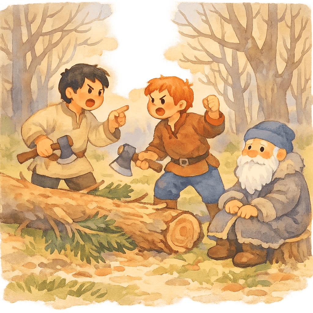 Старшие братья спорят и ругаются в лесу, рядом сидит старичок