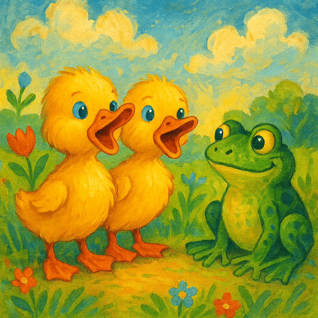 Утята стоят на траве и квакают, лягушка удивлена.