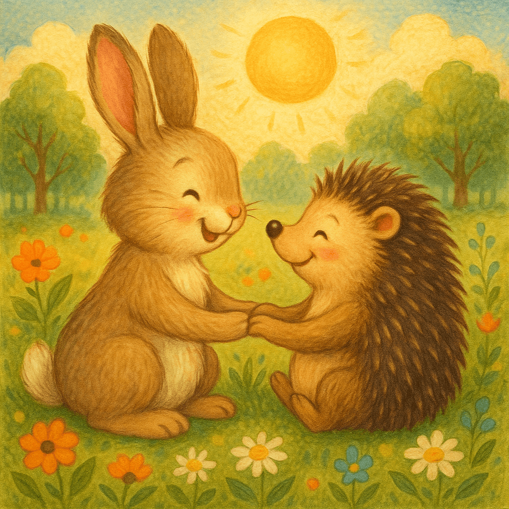 Два зверька держатся за лапки на лесной поляне — символ дружбы и взаимопомощи. Иллюстрация для детской подборки.