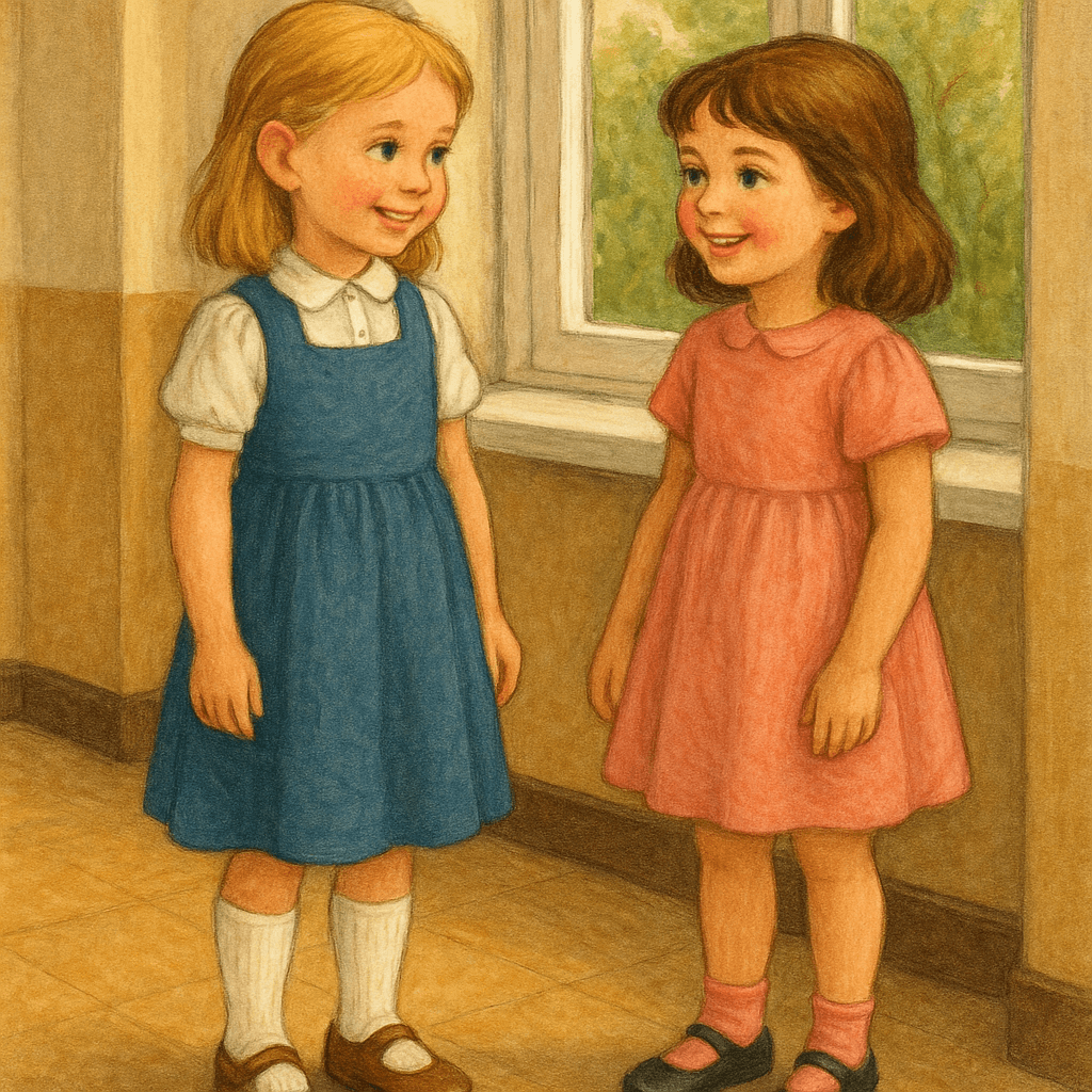 Две веселые девочки в школьном коридоре улыбаются друг другу