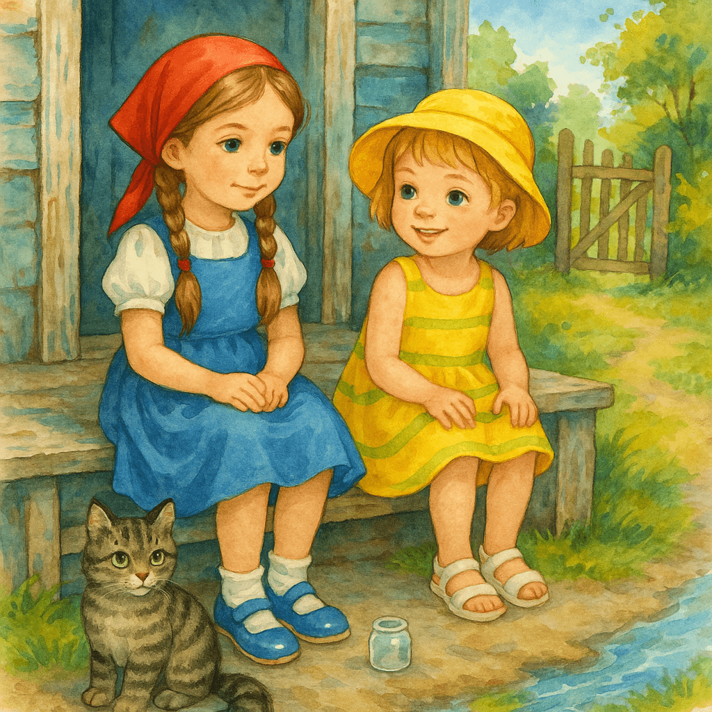 Маша и Соня сидят на старом крыльце, перед ними ручей, рядом кот и баночка