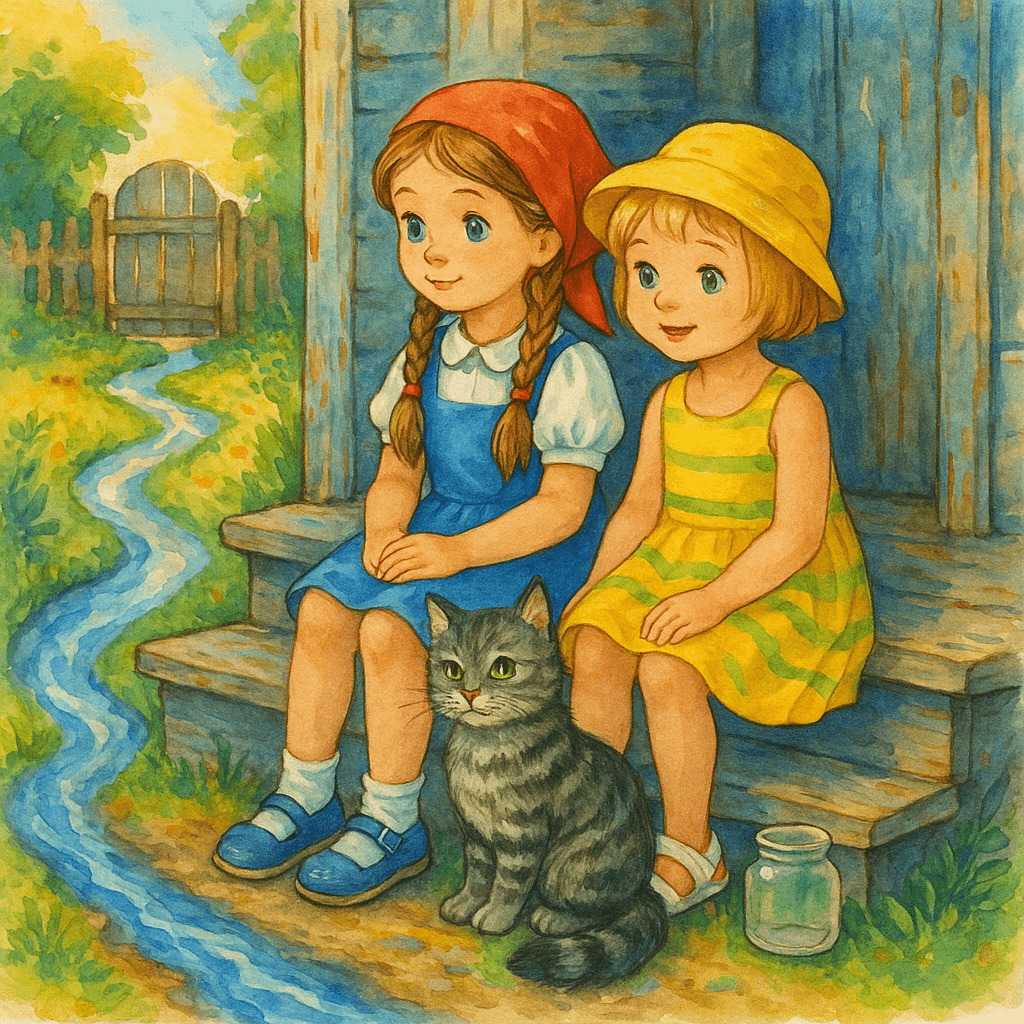 Маша и Соня на старом крыльце смотрят на ручей, рядом полосатый кот и баночка
