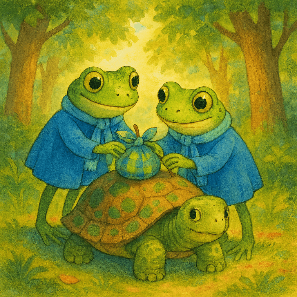 Лягушки кладут узелок на спину черепахи, думая, что это камень