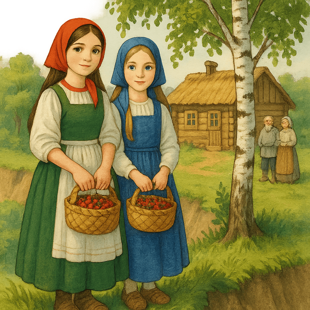 Две сестры с лукошками на берегу обрыва рядом с берёзкой и деревенской избой
