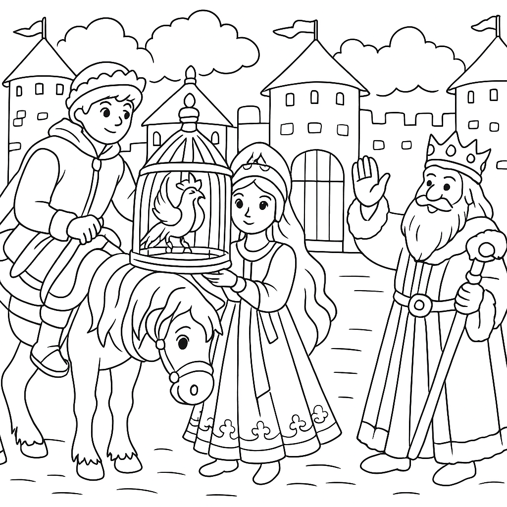 Раскраска по сказке "Иван-царевич и серый волк"