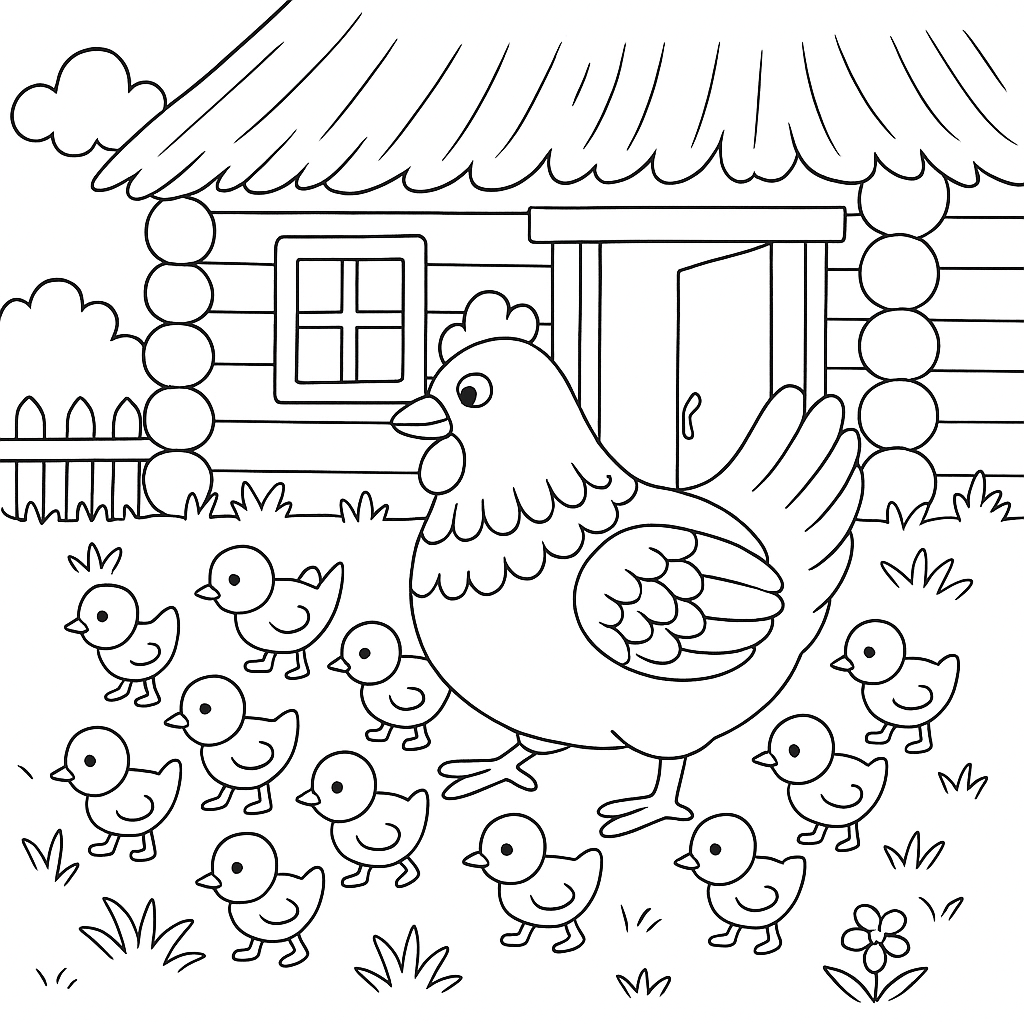 Раскраска по сказке "Курочка ряба и десять утят"