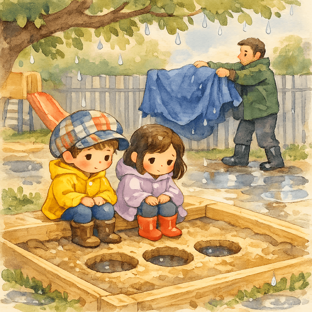 Дети задумались, а дворник перекидывает мокрое синее покрывало через забор