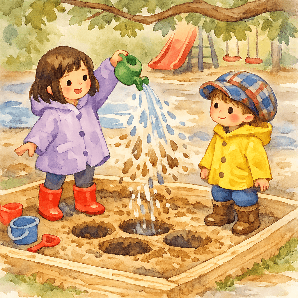 Рита пытается сделать лунки водой из лейки, но получаются только брызги