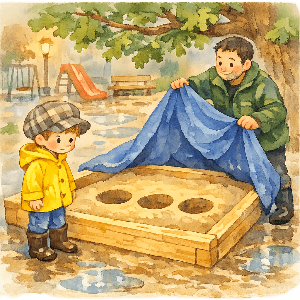 Сеня замечает три ровные глубокие лунки в песке, пока дворник снимает синее покрывало