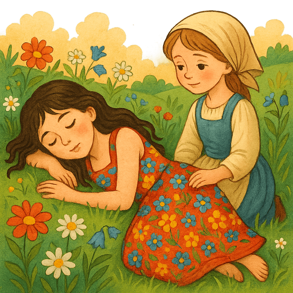 Двуглазка спит рядом с Хаврошечкой на лугу