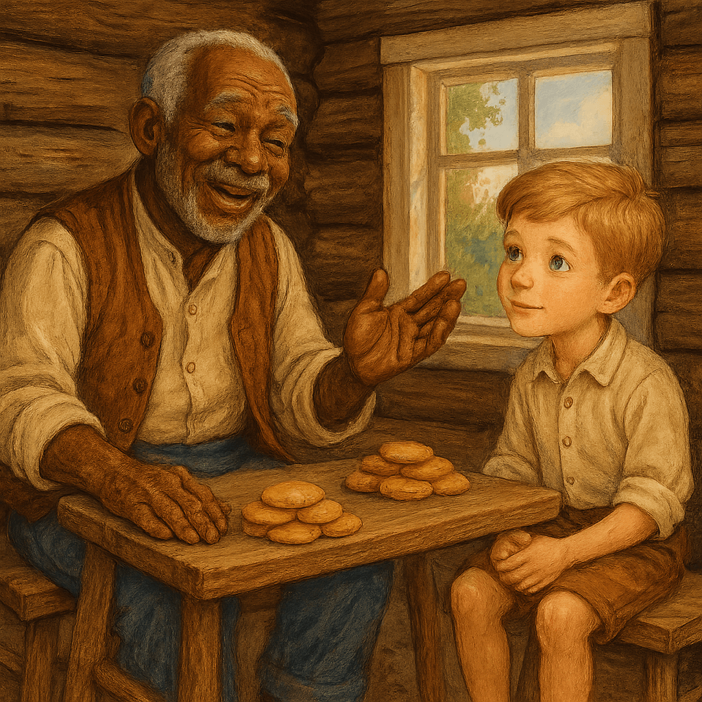 Дядюшка Римус с мальчиком за столом, коржики и тёплая изба.