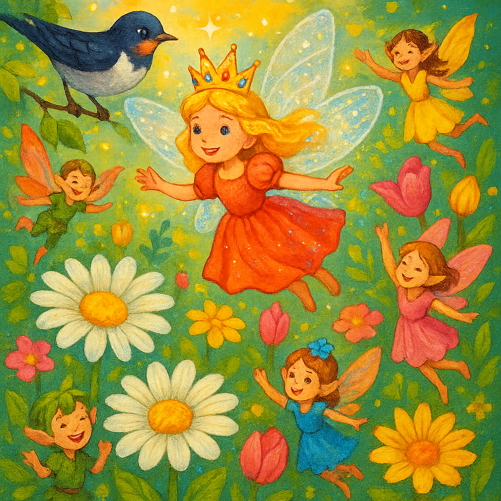 Дюймовочка летает над цветами с эльфами и феями.